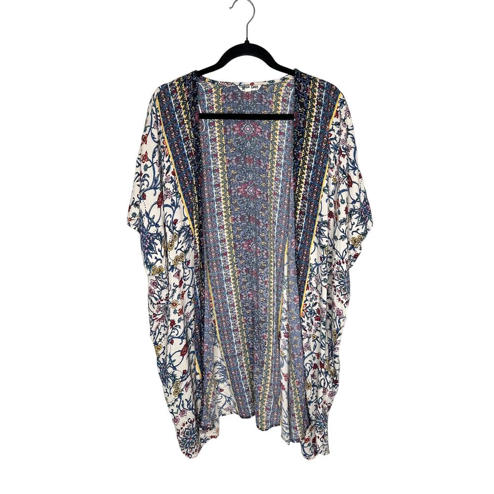 Gypsy Love Kimono S Cream Floral Cardigan Blue Yellow Purple Raw‎ Fringe Duster